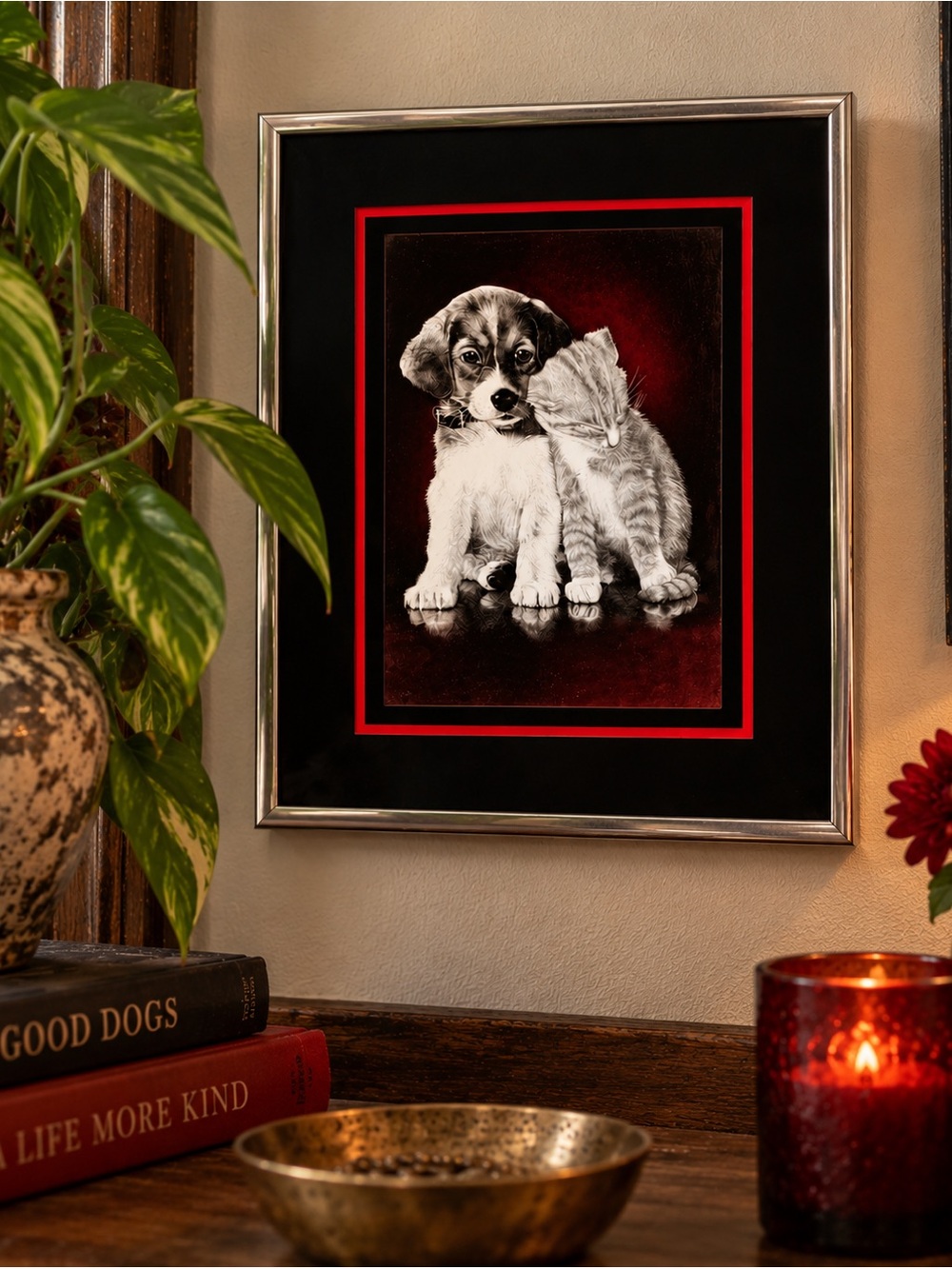 Vintage Puppy & Kitty Black Red Silver Framed Art Dog Cat Fiji Giftware 8x10”